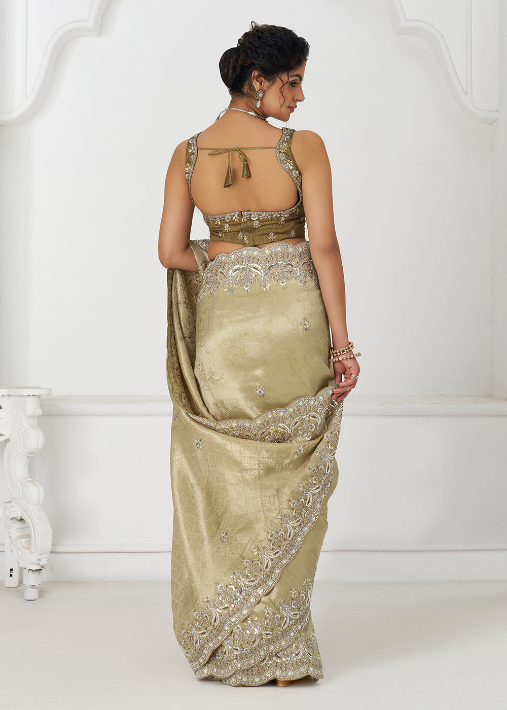 Buy Chickoo Beige Pure Dola Viscose Silk Wedding Wear Saree Online in USA, UK, Canada, Spain, France, Germany, Italy, Austria, UAE & Worldwide at Empress.