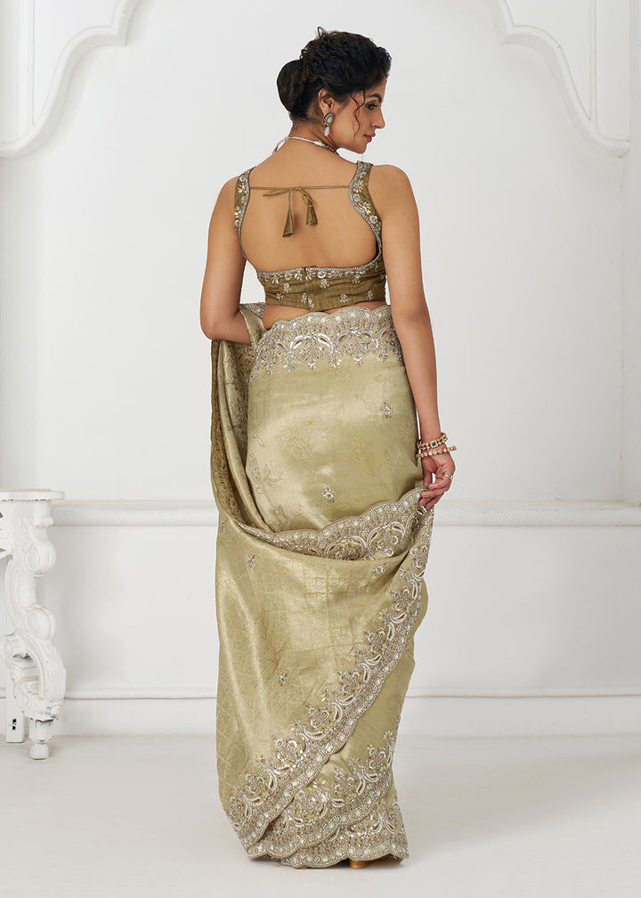 Buy Chickoo Beige Pure Dola Viscose Silk Wedding Wear Saree Online in USA, UK, Canada, Spain, France, Germany, Italy, Austria, UAE & Worldwide at Empress.