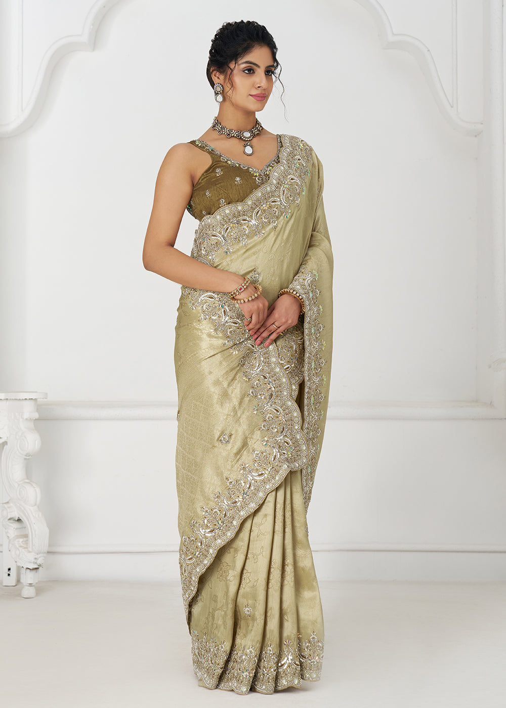 Buy Chickoo Beige Pure Dola Viscose Silk Wedding Wear Saree Online in USA, UK, Canada, Spain, France, Germany, Italy, Austria, UAE & Worldwide at Empress.