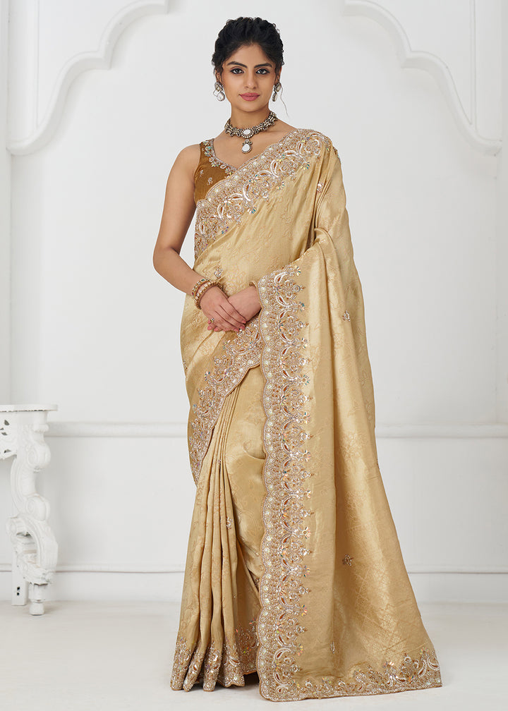 Buy Golden Pure Dola Viscose Silk Wedding Wear Saree Online in USA, UK, Canada, Spain, France, Germany, Italy, Austria, UAE & Worldwide at Empress Clothing.