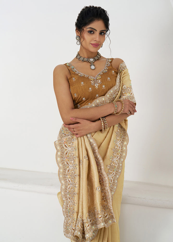 Buy Golden Pure Dola Viscose Silk Wedding Wear Saree Online in USA, UK, Canada, Spain, France, Germany, Italy, Austria, UAE & Worldwide at Empress Clothing.