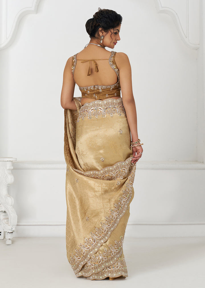 Buy Golden Pure Dola Viscose Silk Wedding Wear Saree Online in USA, UK, Canada, Spain, France, Germany, Italy, Austria, UAE & Worldwide at Empress Clothing.