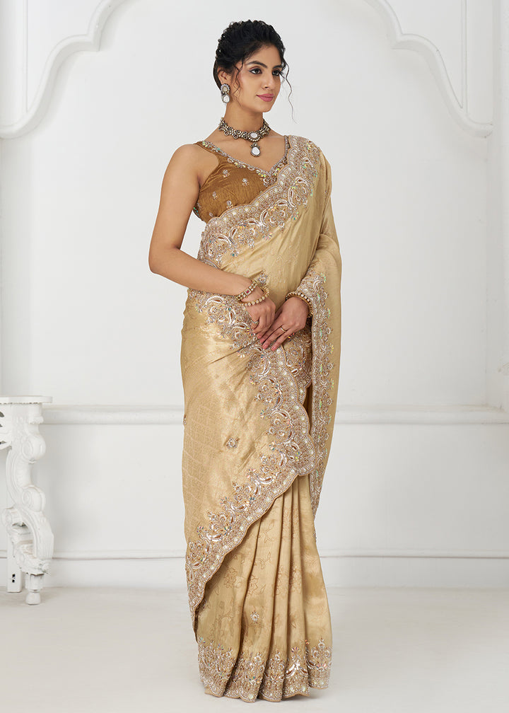 Buy Golden Pure Dola Viscose Silk Wedding Wear Saree Online in USA, UK, Canada, Spain, France, Germany, Italy, Austria, UAE & Worldwide at Empress Clothing.