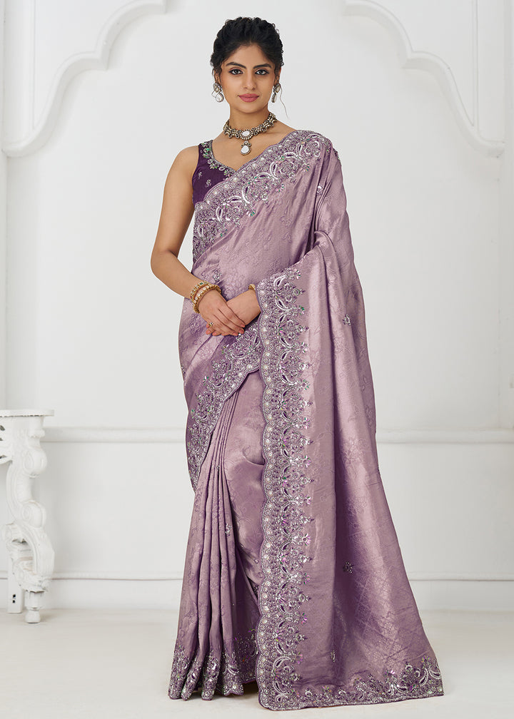 Buy Dark Mauve Pure Dola Viscose Silk Wedding Wear Saree Online in USA, UK, Canada, Spain, France, Germany, Italy, Austria, UAE & Worldwide at Empress Clothing.