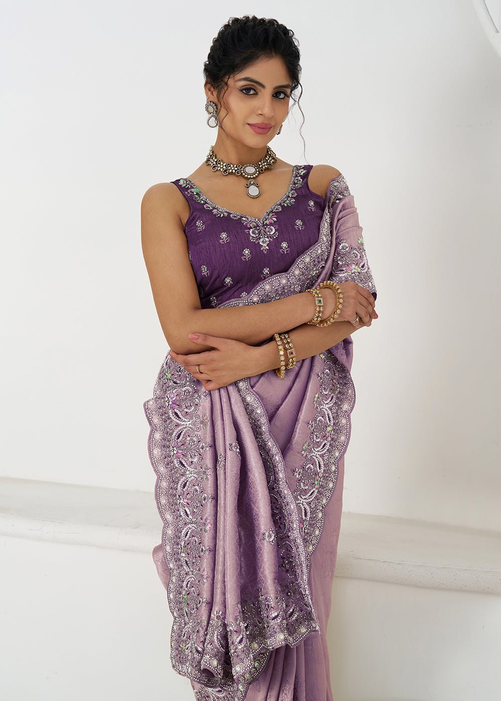Buy Dark Mauve Pure Dola Viscose Silk Wedding Wear Saree Online in USA, UK, Canada, Spain, France, Germany, Italy, Austria, UAE & Worldwide at Empress Clothing.
