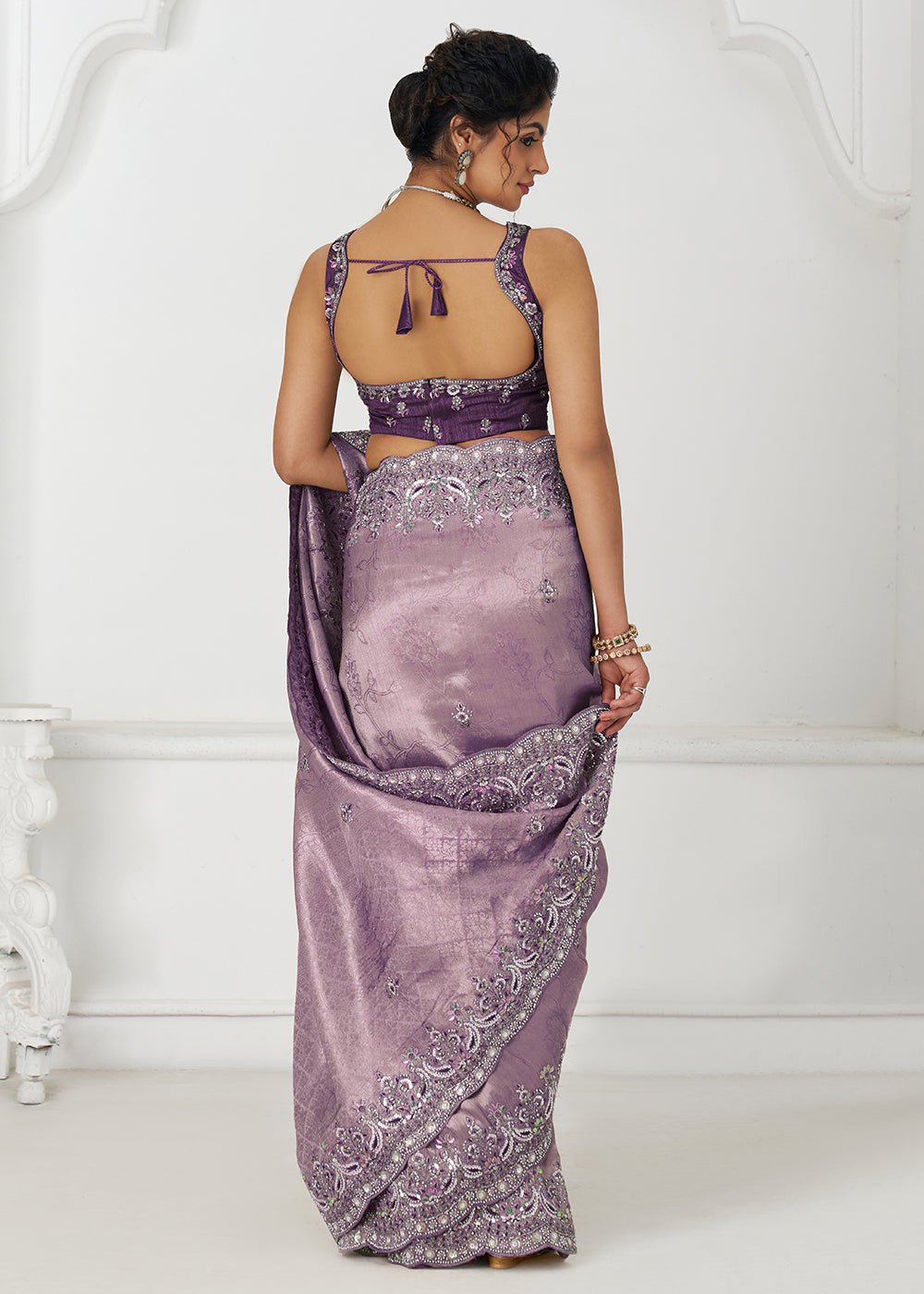 Buy Dark Mauve Pure Dola Viscose Silk Wedding Wear Saree Online in USA, UK, Canada, Spain, France, Germany, Italy, Austria, UAE & Worldwide at Empress Clothing.