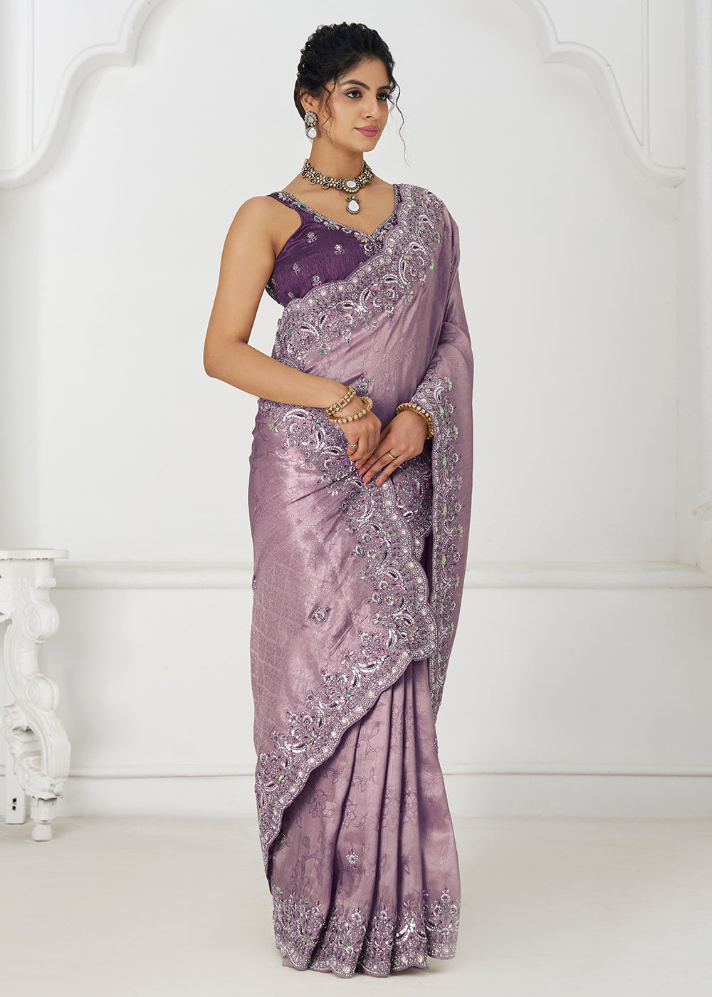 Buy Dark Mauve Pure Dola Viscose Silk Wedding Wear Saree Online in USA, UK, Canada, Spain, France, Germany, Italy, Austria, UAE & Worldwide at Empress Clothing.