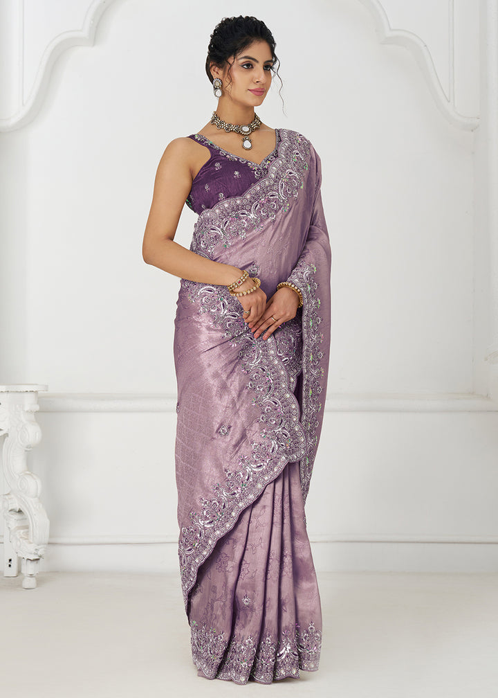 Buy Dark Mauve Pure Dola Viscose Silk Wedding Wear Saree Online in USA, UK, Canada, Spain, France, Germany, Italy, Austria, UAE & Worldwide at Empress Clothing.