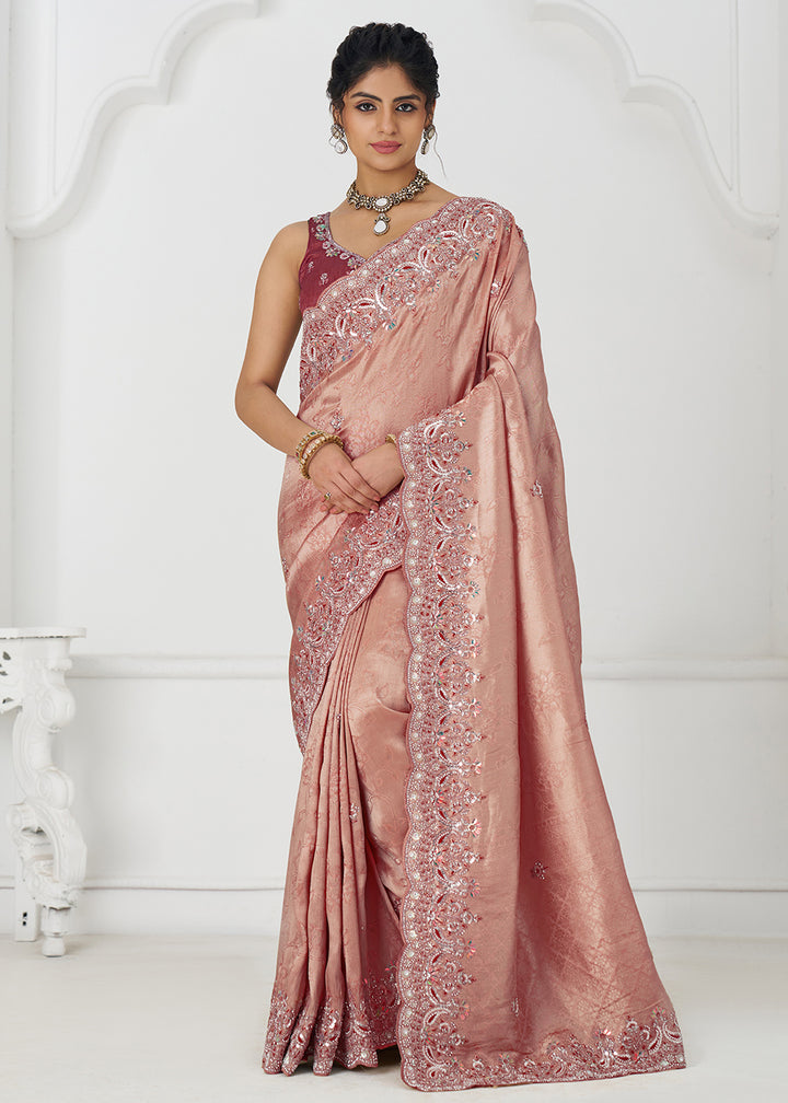 Buy Dark Pink Pure Dola Viscose Silk Wedding Wear Saree Online in USA, UK, Canada, Spain, France, Germany, Italy, Austria, UAE & Worldwide at Empress Clothing.