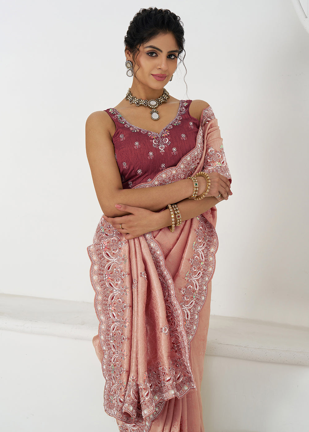 Buy Dark Pink Pure Dola Viscose Silk Wedding Wear Saree Online in USA, UK, Canada, Spain, France, Germany, Italy, Austria, UAE & Worldwide at Empress Clothing.