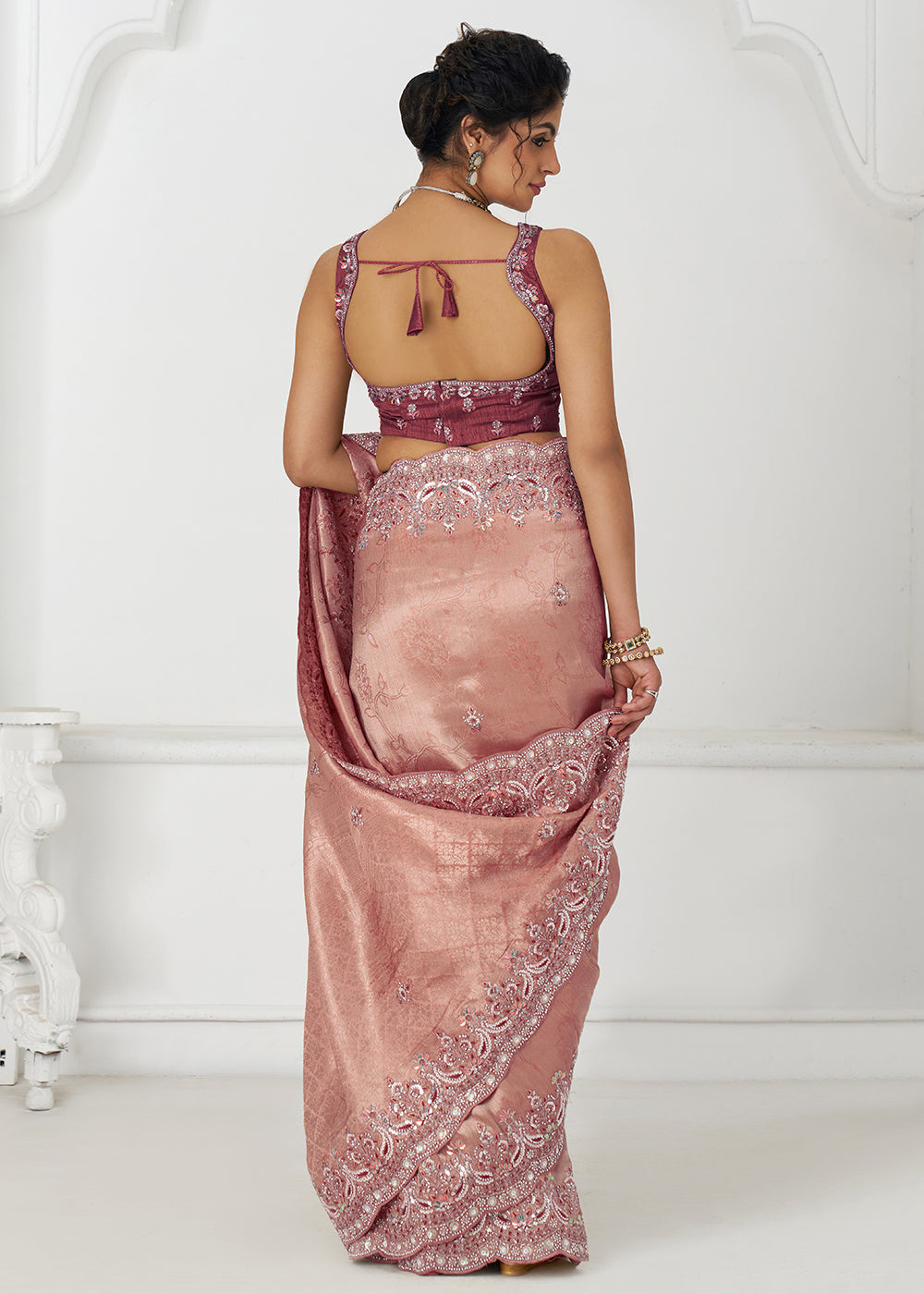 Buy Dark Pink Pure Dola Viscose Silk Wedding Wear Saree Online in USA, UK, Canada, Spain, France, Germany, Italy, Austria, UAE & Worldwide at Empress Clothing.