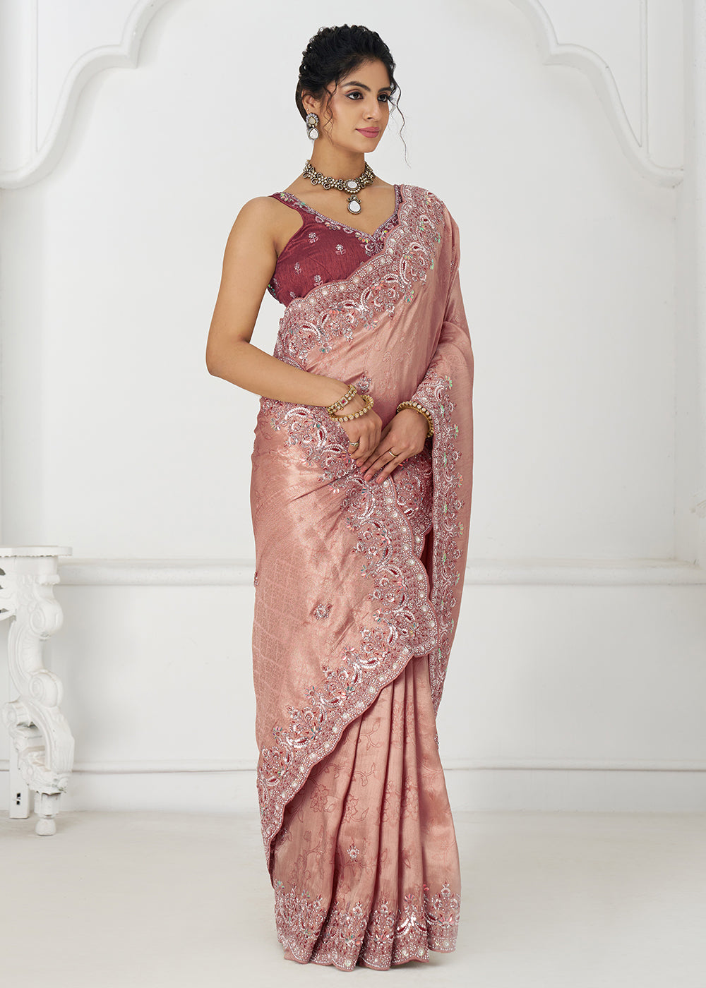 Buy Dark Pink Pure Dola Viscose Silk Wedding Wear Saree Online in USA, UK, Canada, Spain, France, Germany, Italy, Austria, UAE & Worldwide at Empress Clothing.