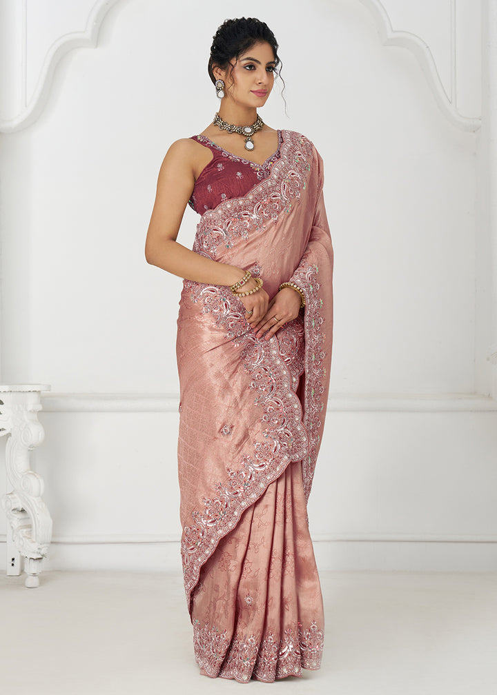 Buy Dark Pink Pure Dola Viscose Silk Wedding Wear Saree Online in USA, UK, Canada, Spain, France, Germany, Italy, Austria, UAE & Worldwide at Empress Clothing.