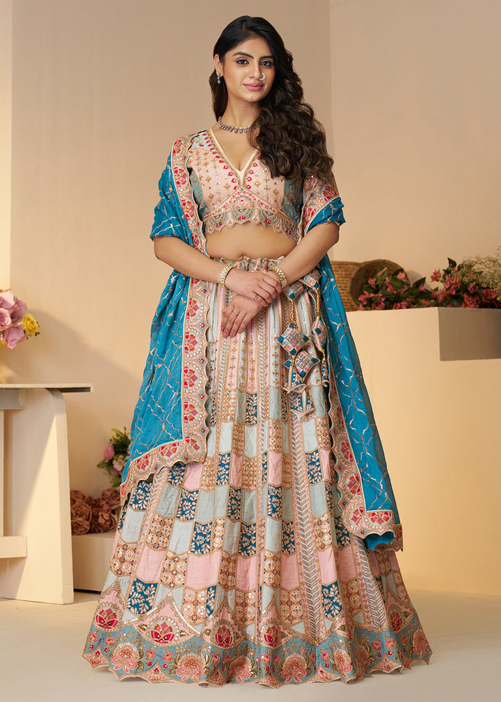 Buy Now Sky Blue Dola Silk Sequin & Aari Work Wedding Lehenga Choli Online in USA, UK, Canada, France, Italy, Germany, Austria, UAE & Worldwide at Empress.