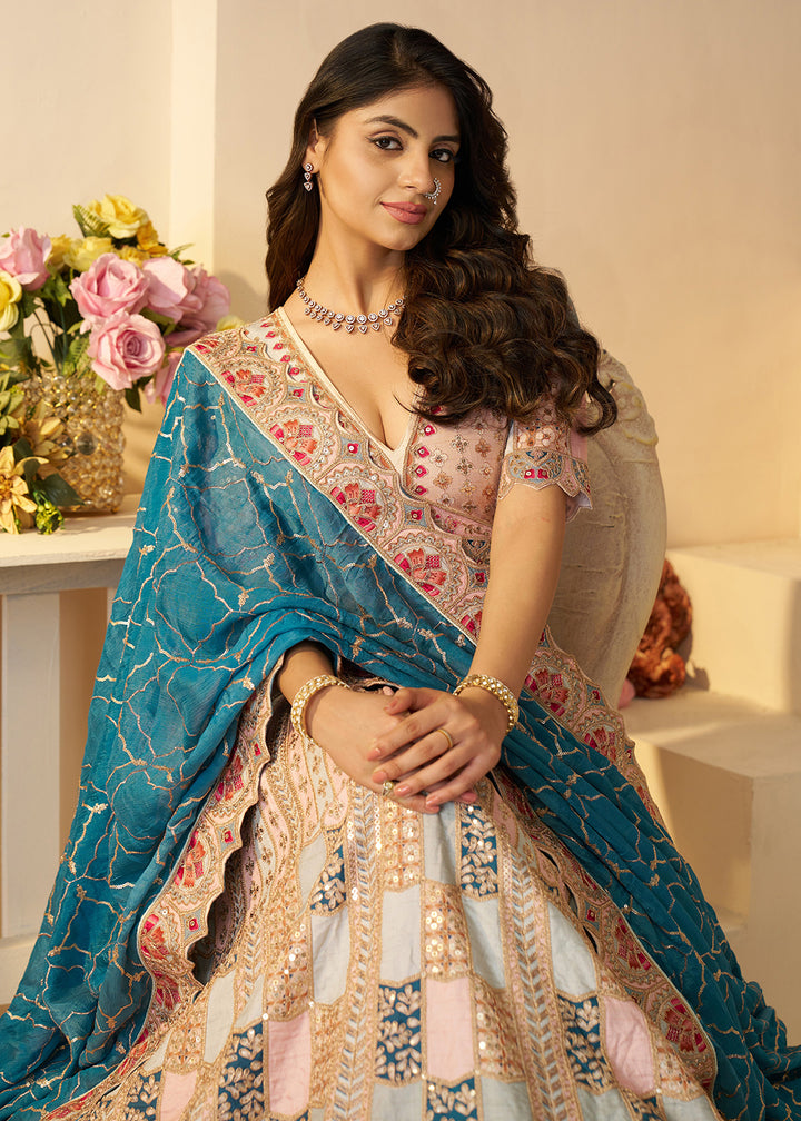 Buy Now Sky Blue Dola Silk Sequin & Aari Work Wedding Lehenga Choli Online in USA, UK, Canada, France, Italy, Germany, Austria, UAE & Worldwide at Empress.