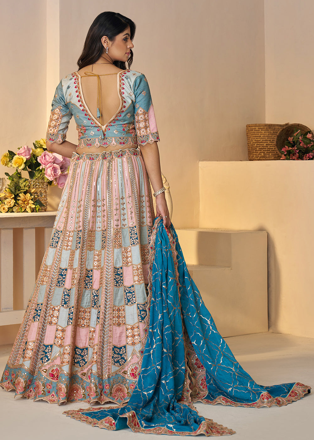 Buy Now Sky Blue Dola Silk Sequin & Aari Work Wedding Lehenga Choli Online in USA, UK, Canada, France, Italy, Germany, Austria, UAE & Worldwide at Empress.