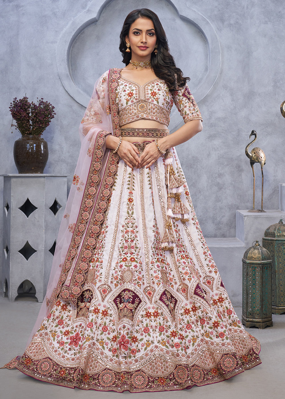 Buy Now Light Purple Zari Paisley Embroidered Wedding Lehenga Choli Online in USA, UK, France, UAE & Worldwide at Empress Clothing.