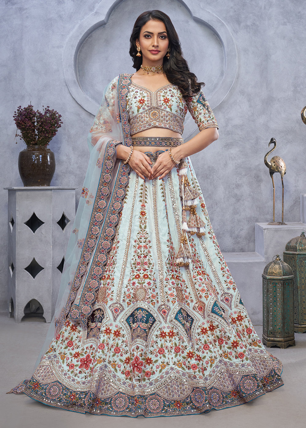 Buy Now Sky Blue Zari Paisley Embroidered Wedding Lehenga Choli Online in USA, UK, France, UAE & Worldwide at Empress Clothing.