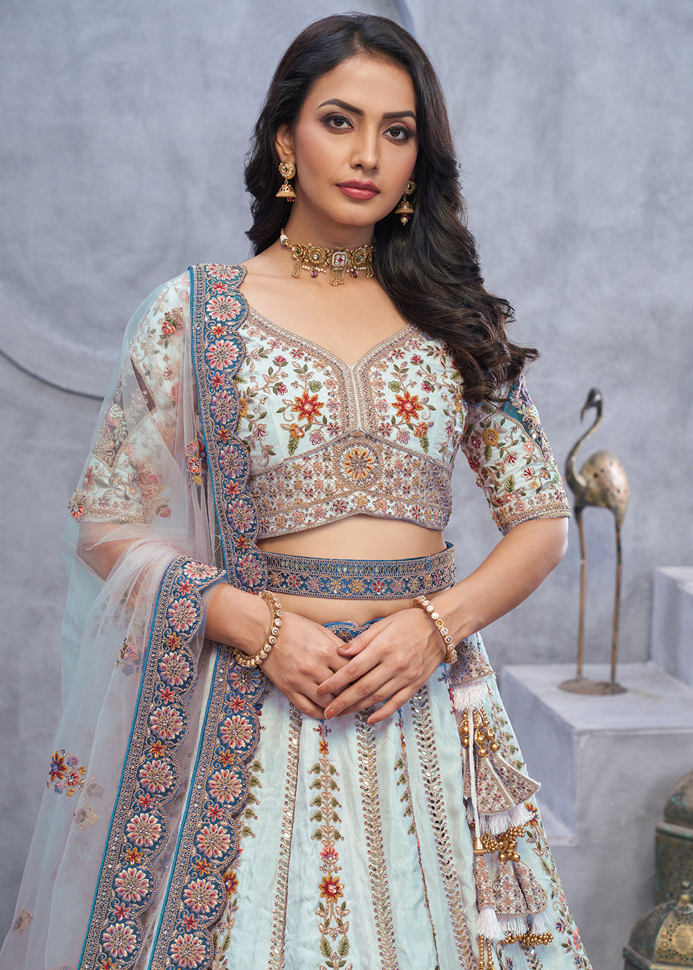 Buy Now Sky Blue Zari Paisley Embroidered Wedding Lehenga Choli Online in USA, UK, France, UAE & Worldwide at Empress Clothing.