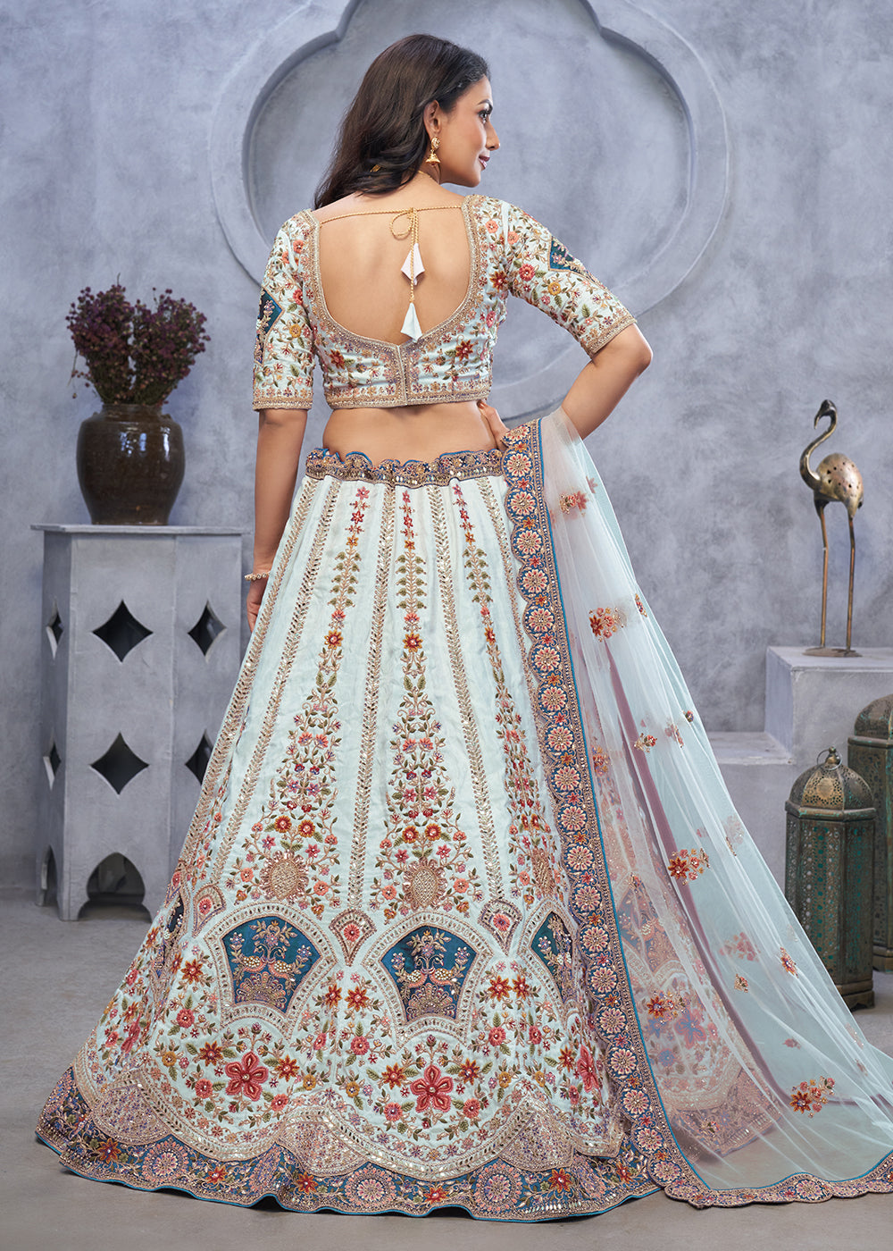 Buy Now Sky Blue Zari Paisley Embroidered Wedding Lehenga Choli Online in USA, UK, France, UAE & Worldwide at Empress Clothing.