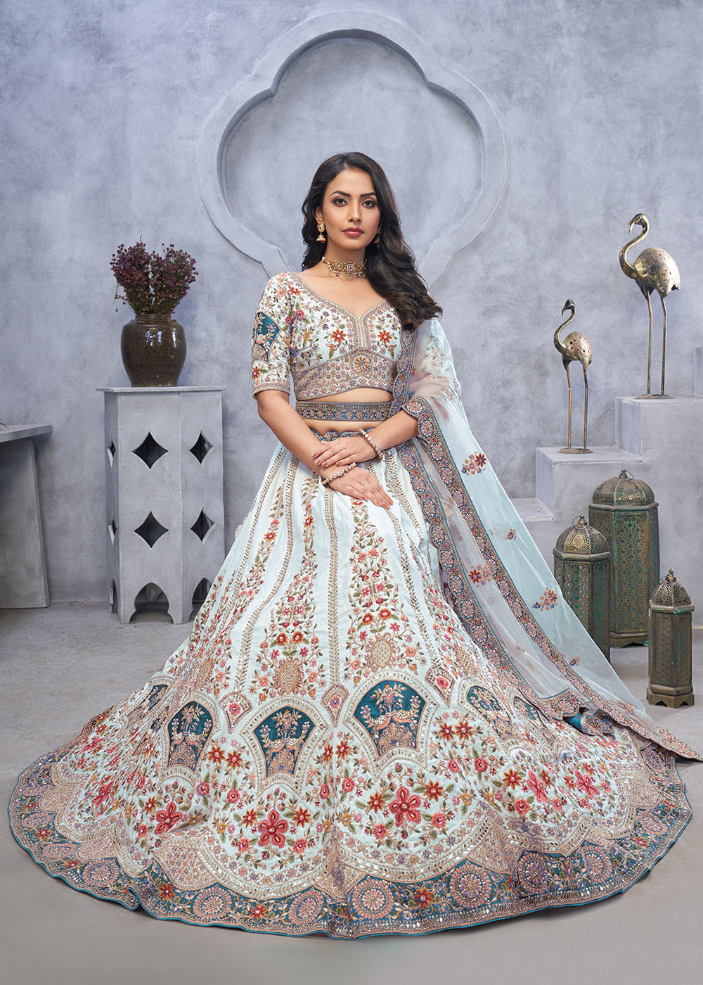 Buy Now Sky Blue Zari Paisley Embroidered Wedding Lehenga Choli Online in USA, UK, France, UAE & Worldwide at Empress Clothing.