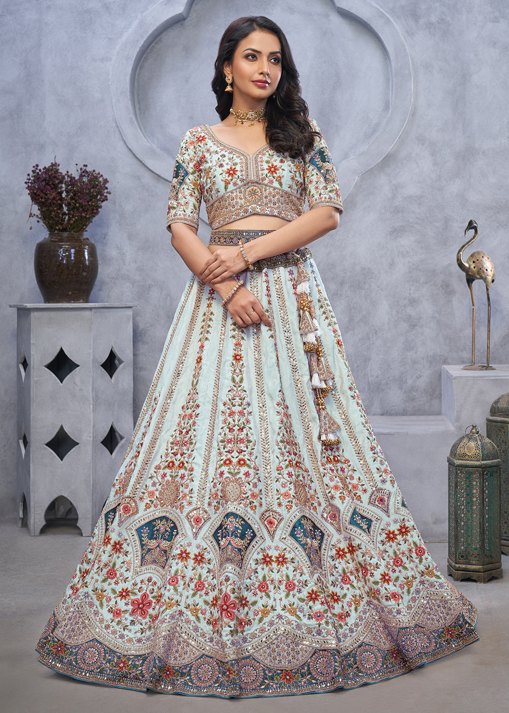 Buy Now Sky Blue Zari Paisley Embroidered Wedding Lehenga Choli Online in USA, UK, France, UAE & Worldwide at Empress Clothing.