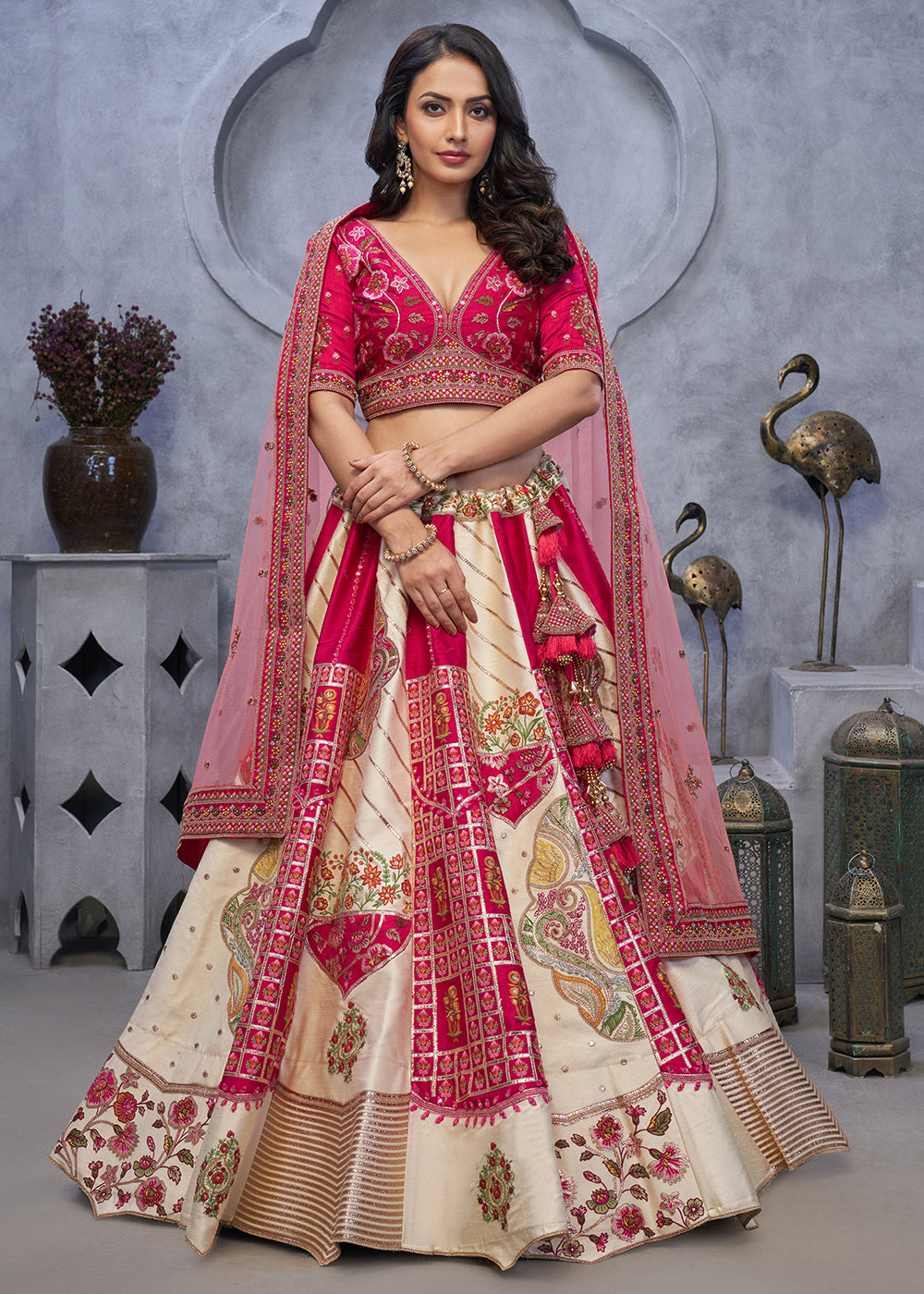 Buy Now Red & Ivory Paisley Motifs Embroidered Wedding Lehenga Choli Online in USA, UK, France, & Worldwide at Empress Clothing. 