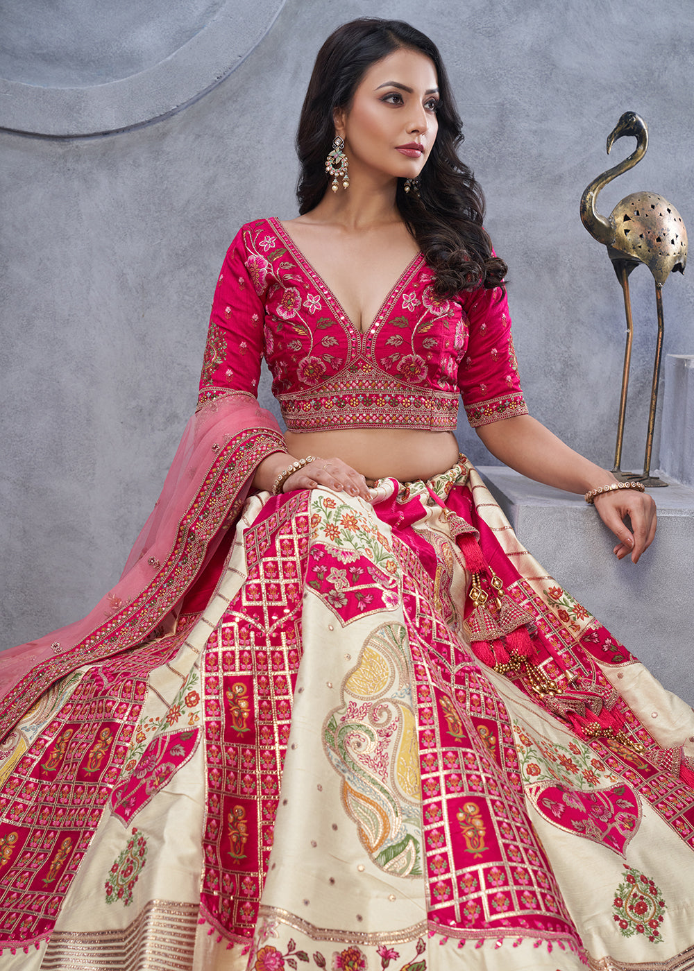 Buy Now Red & Ivory Paisley Motifs Embroidered Wedding Lehenga Choli Online in USA, UK, France, & Worldwide at Empress Clothing. 