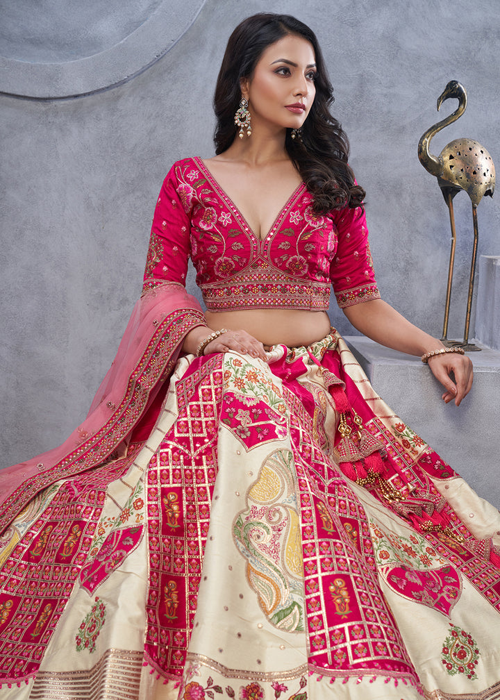 Buy Now Red & Ivory Paisley Motifs Embroidered Wedding Lehenga Choli Online in USA, UK, France, & Worldwide at Empress Clothing. 