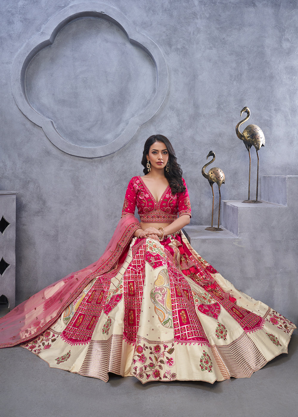 Buy Now Red & Ivory Paisley Motifs Embroidered Wedding Lehenga Choli Online in USA, UK, France, & Worldwide at Empress Clothing. 