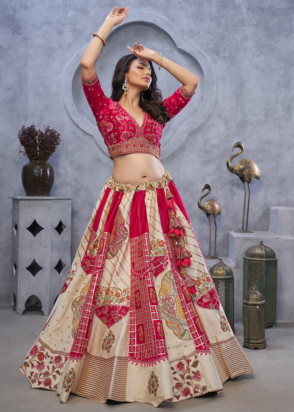 Buy Now Red & Ivory Paisley Motifs Embroidered Wedding Lehenga Choli Online in USA, UK, France, & Worldwide at Empress Clothing. 