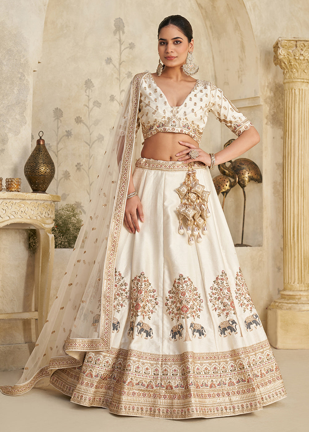 Buy Now Cream Elephant Zari Embroidered Bridal Lehenga Choli Online in US, UK, Canada, France, Italy, Germany, Sweden, Denmark, Greece & Worldwide at Empress.