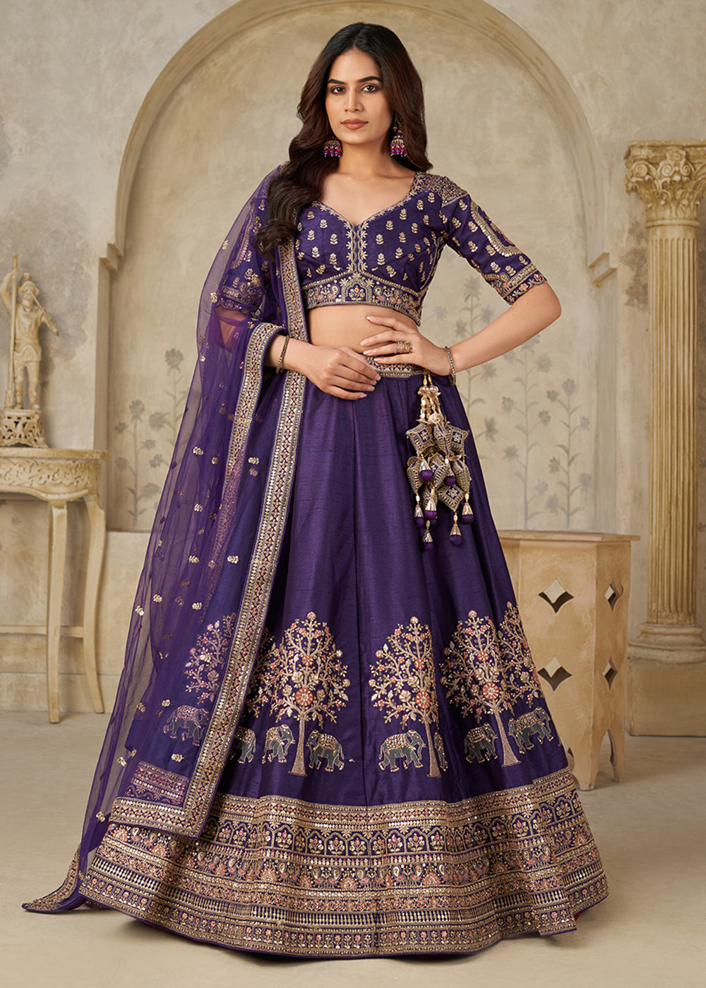 Buy Now Purple Elephant Zari Embroidered Bridal Lehenga Choli Online in US, UK, Canada, France, Italy, Germany, Sweden, Denmark, Greece & Worldwide at Empress.