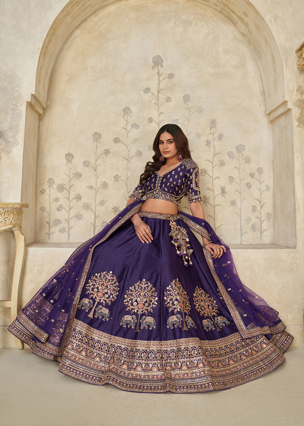 Buy Now Purple Elephant Zari Embroidered Bridal Lehenga Choli Online in US, UK, Canada, France, Italy, Germany, Sweden, Denmark, Greece & Worldwide at Empress.