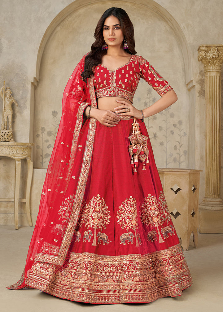 Buy Now Red Elephant Zari Embroidered Bridal Lehenga Choli Online in US, UK, Canada, France, Italy, Germany, Sweden, Denmark, Greece & Worldwide at Empress.