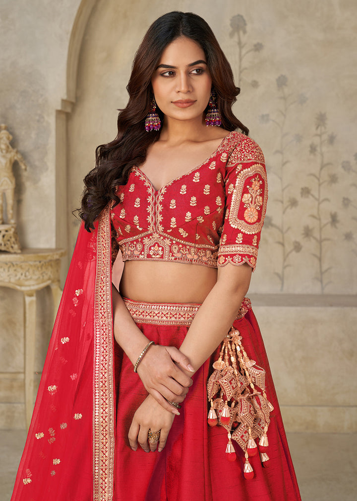 Buy Now Red Elephant Zari Embroidered Bridal Lehenga Choli Online in US, UK, Canada, France, Italy, Germany, Sweden, Denmark, Greece & Worldwide at Empress.