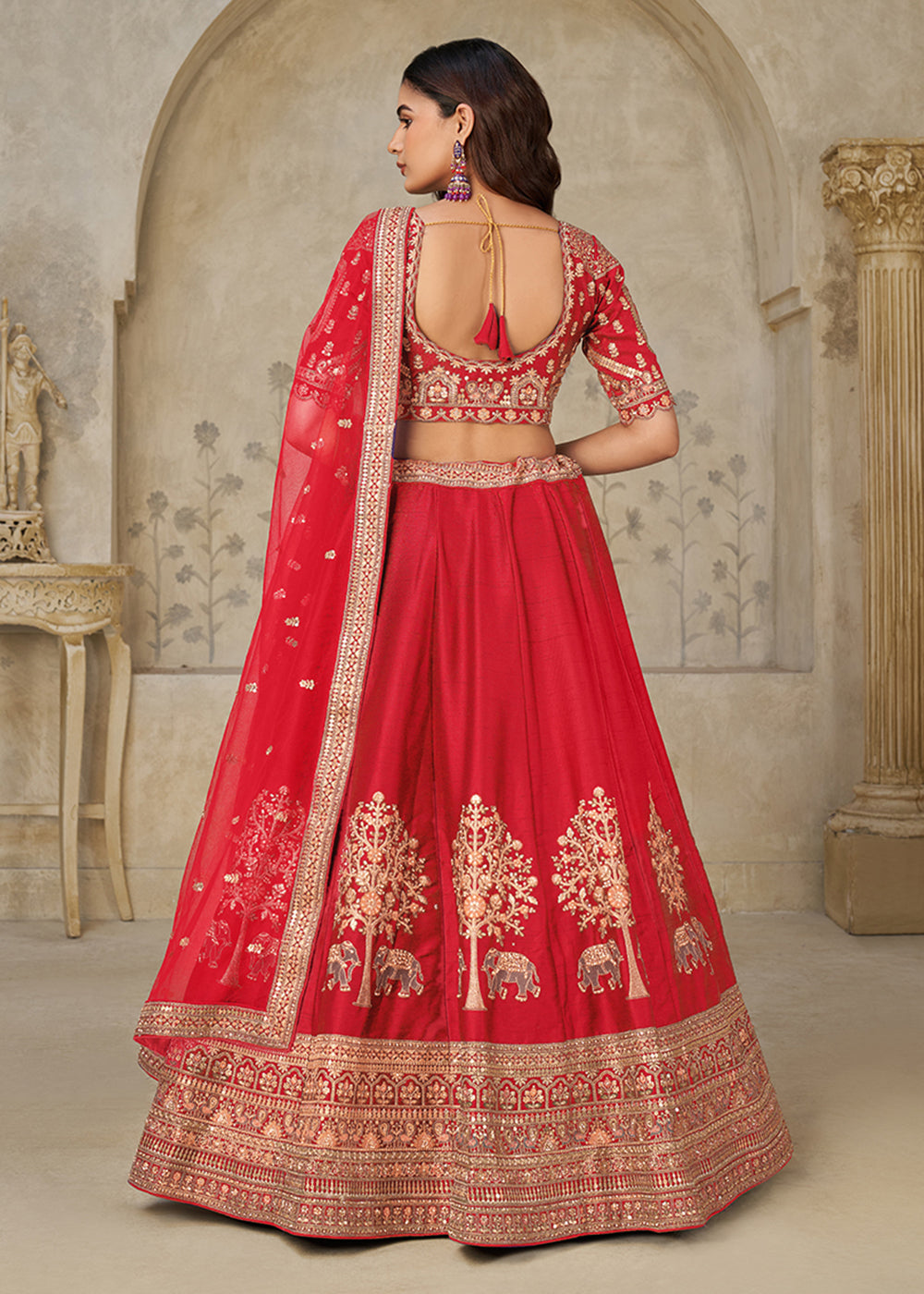 Buy Now Red Elephant Zari Embroidered Bridal Lehenga Choli Online in US, UK, Canada, France, Italy, Germany, Sweden, Denmark, Greece & Worldwide at Empress.
