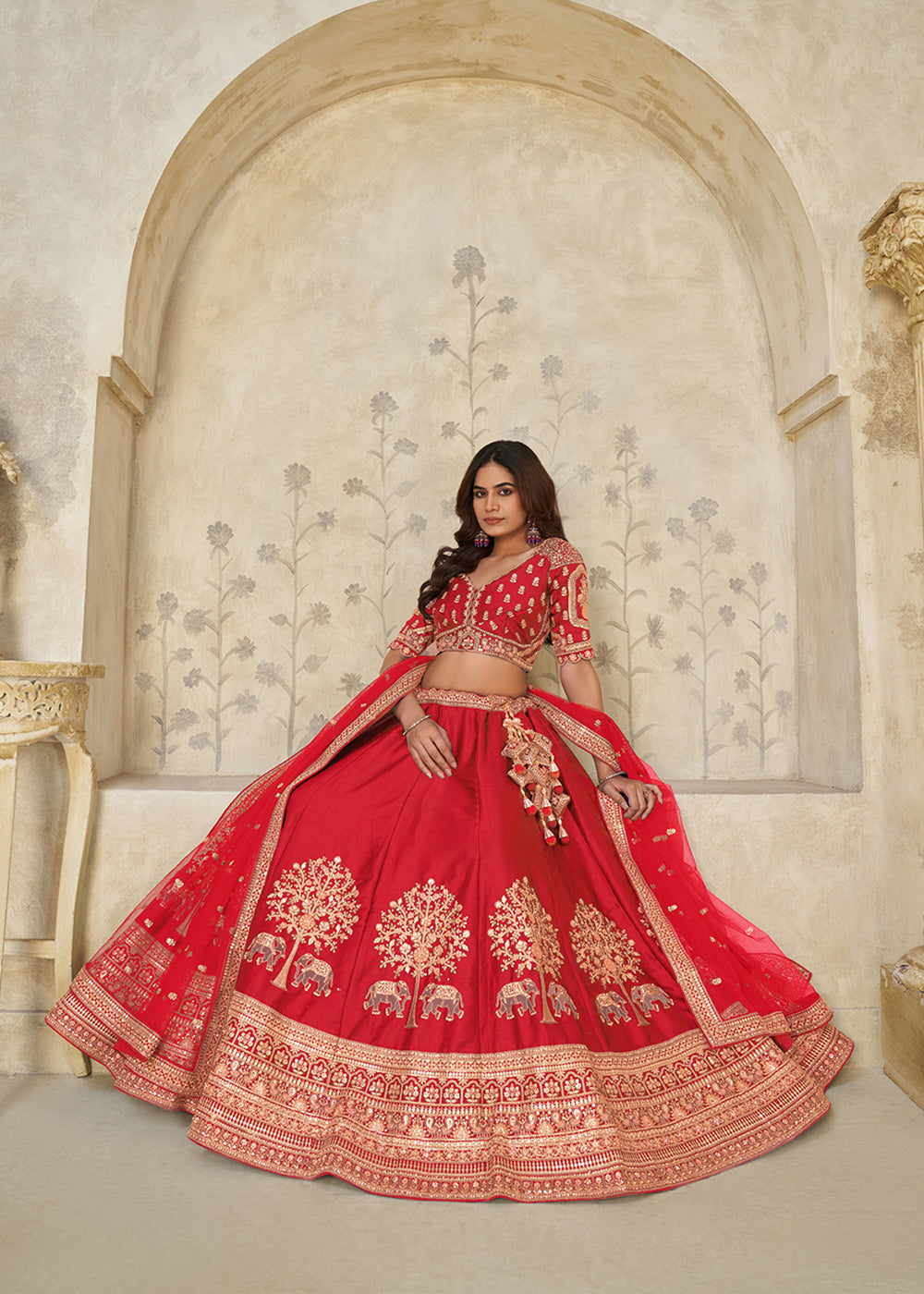 Buy Now Red Elephant Zari Embroidered Bridal Lehenga Choli Online in US, UK, Canada, France, Italy, Germany, Sweden, Denmark, Greece & Worldwide at Empress.