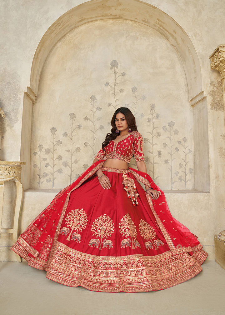 Buy Now Red Elephant Zari Embroidered Bridal Lehenga Choli Online in US, UK, Canada, France, Italy, Germany, Sweden, Denmark, Greece & Worldwide at Empress.