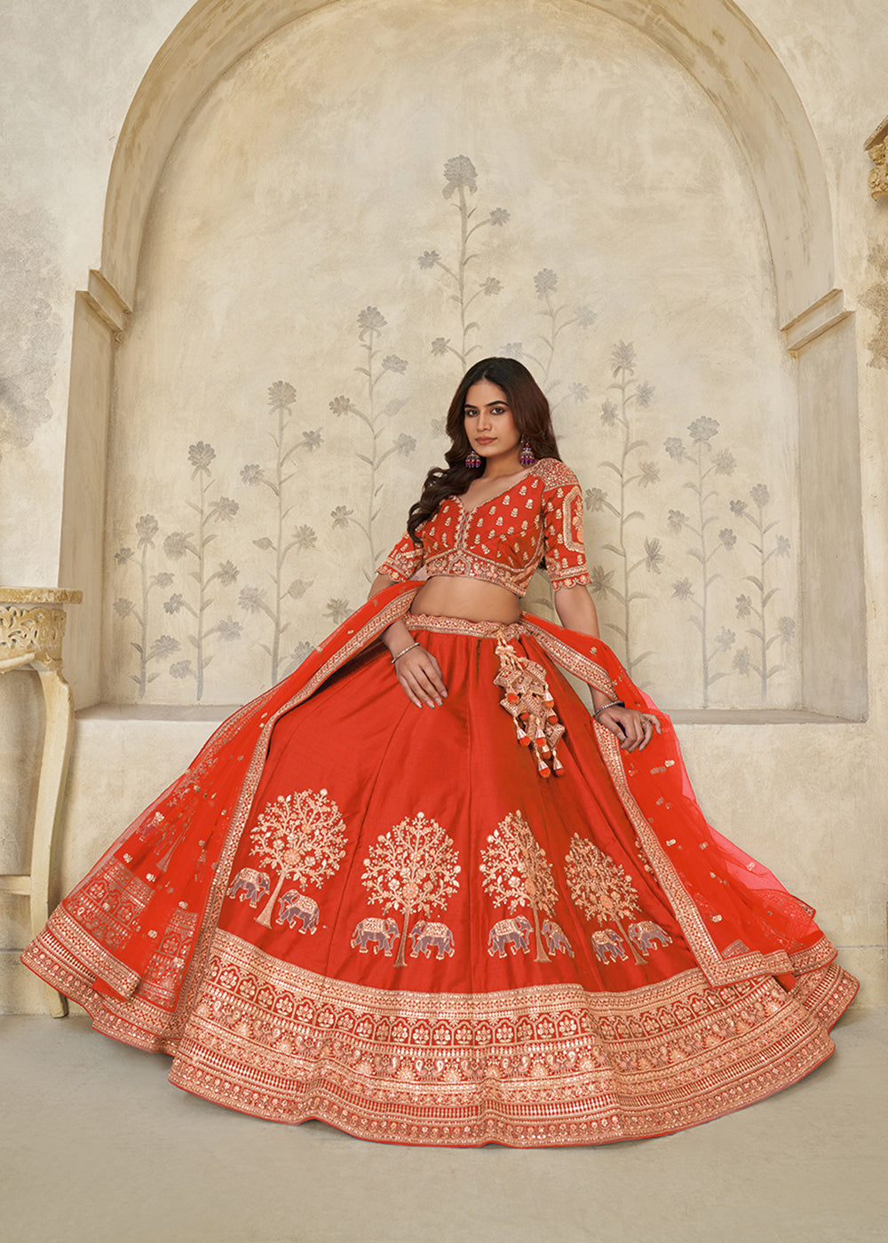 Buy Now Rust Elephant Zari Embroidered Bridal Lehenga Choli Online in US, UK, Canada, France, Italy, Germany, Sweden, Denmark, Greece & Worldwide at Empress.