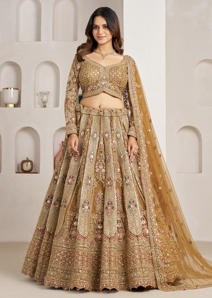 Buy Now Royal Antique Gold Bridal Lehenga Choli Online in US, UK, Canada, France, Italy, Germany, Australia, Greece, Sweden, Denmark &amp; Worldwide at Empress.