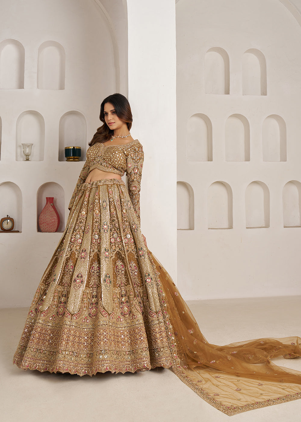 Buy Now Royal Antique Gold Bridal Lehenga Choli Online in US, UK, Canada, France, Italy, Germany, Australia, Greece, Sweden, Denmark &amp; Worldwide at Empress.