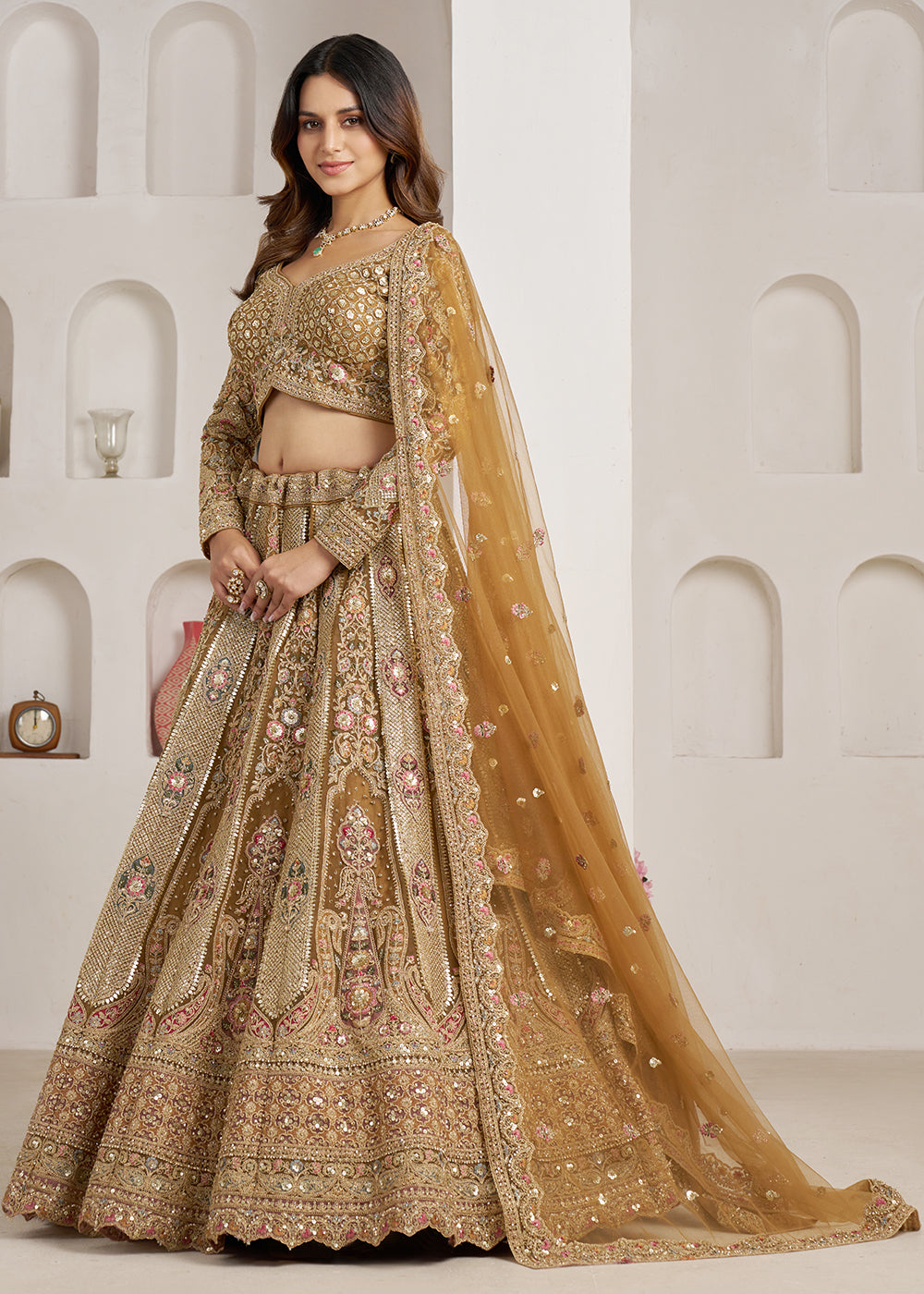 Buy Now Royal Antique Gold Bridal Lehenga Choli Online in US, UK, Canada, France, Italy, Germany, Australia, Greece, Sweden, Denmark &amp; Worldwide at Empress.