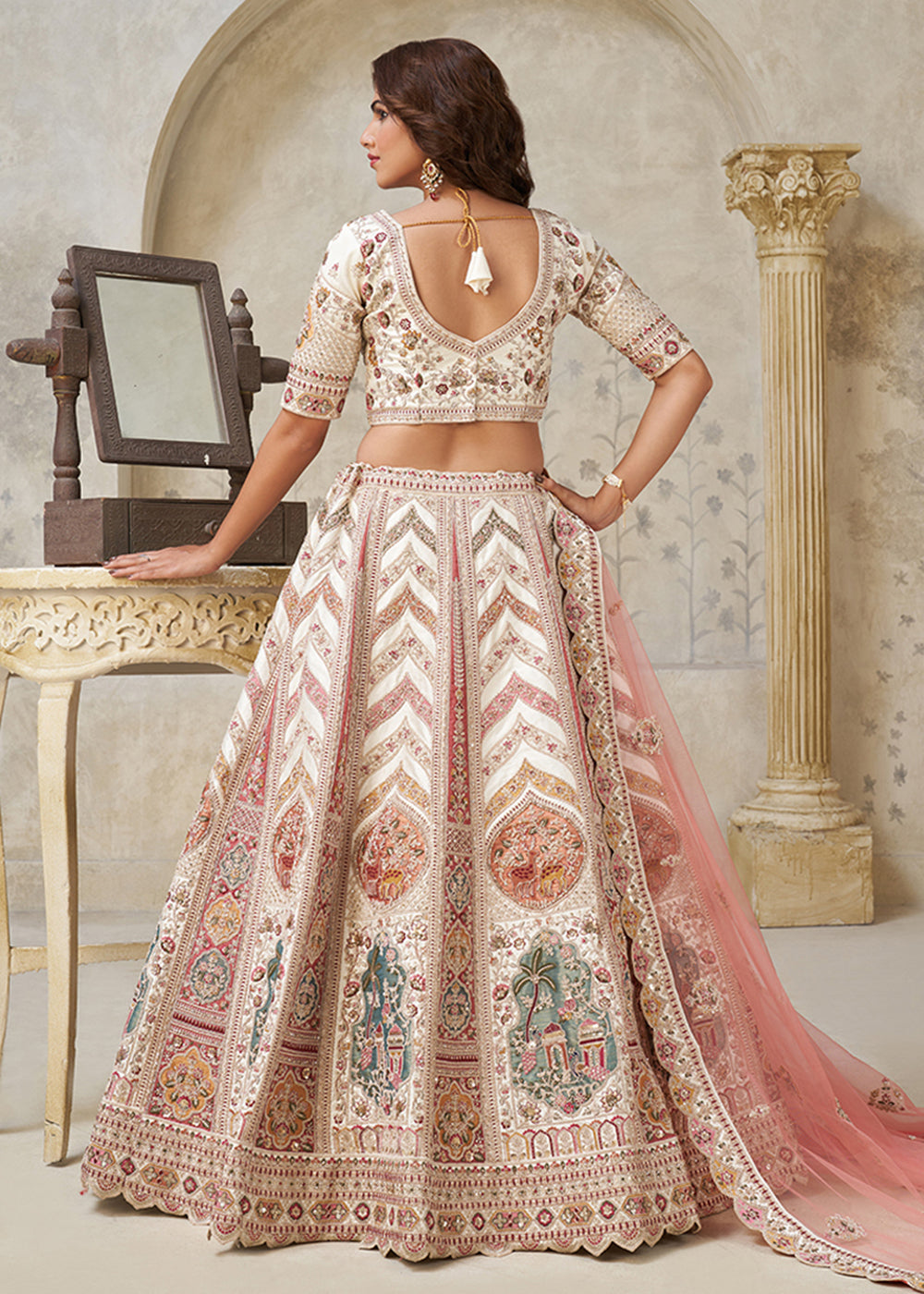 Buy Now Traditional Style Cream Silk Bridal Lehenga Choli Online in US, UK, Canada, France, Germany, Sweden, Denmark, Greece, Ireland & Worldwide at Empress.