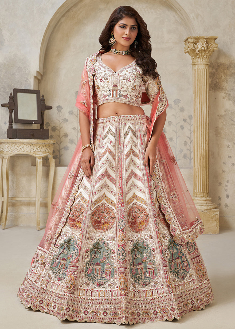 Buy Now Traditional Style Cream Silk Bridal Lehenga Choli Online in US, UK, Canada, France, Germany, Sweden, Denmark, Greece, Ireland & Worldwide at Empress.