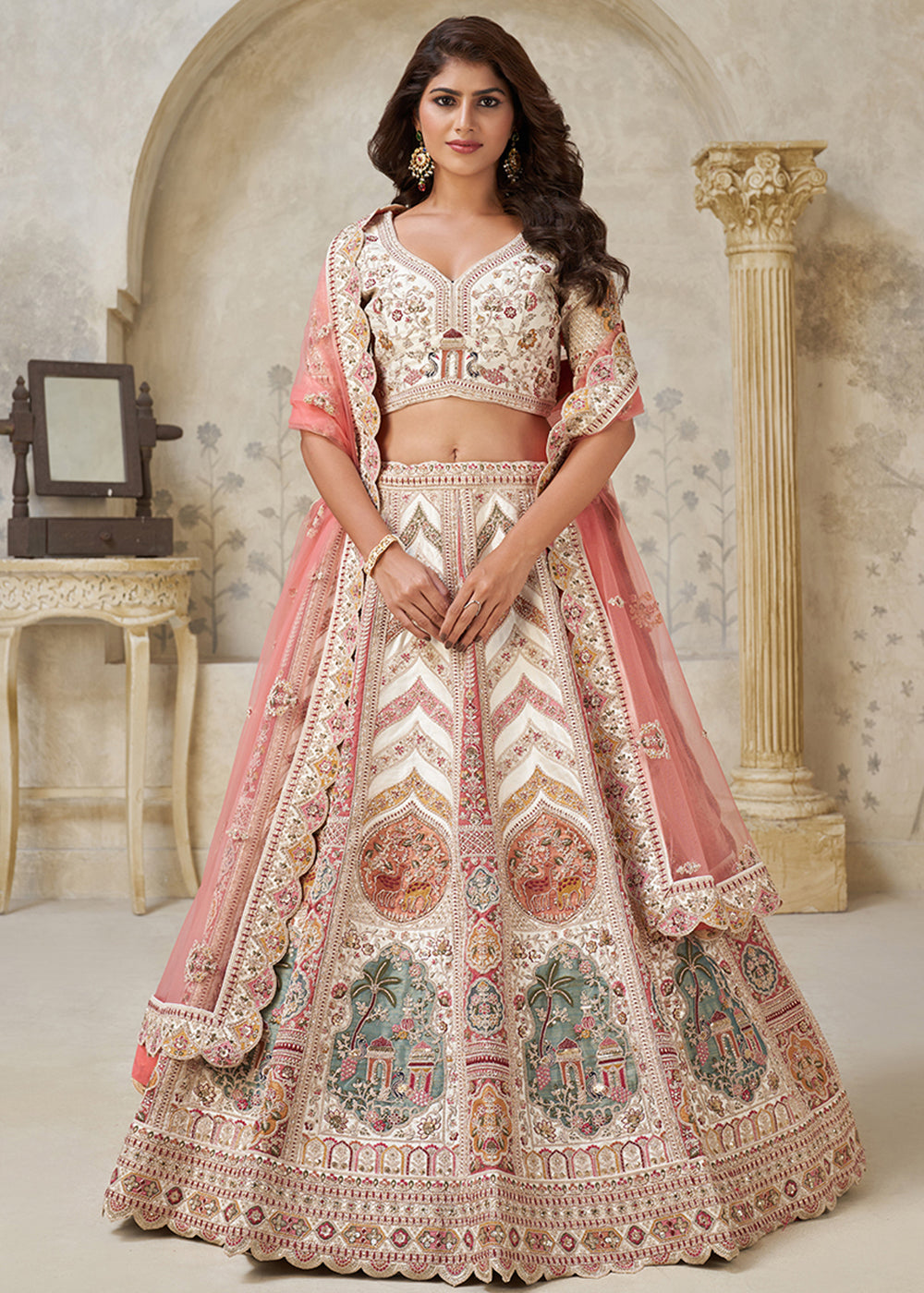 Buy Now Traditional Style Cream Silk Bridal Lehenga Choli Online in US, UK, Canada, France, Germany, Sweden, Denmark, Greece, Ireland & Worldwide at Empress.