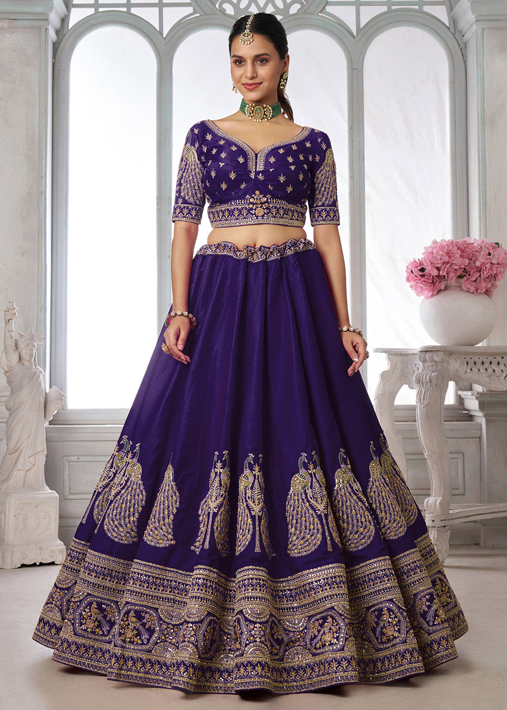 Buy Now Designer Purple Silk Lehenga Choli with Embroidered Peacock Motifs Online in US, UK, Canada, France, Italy, Greece, Sweden, UAE &amp; Worldwide at Empress.