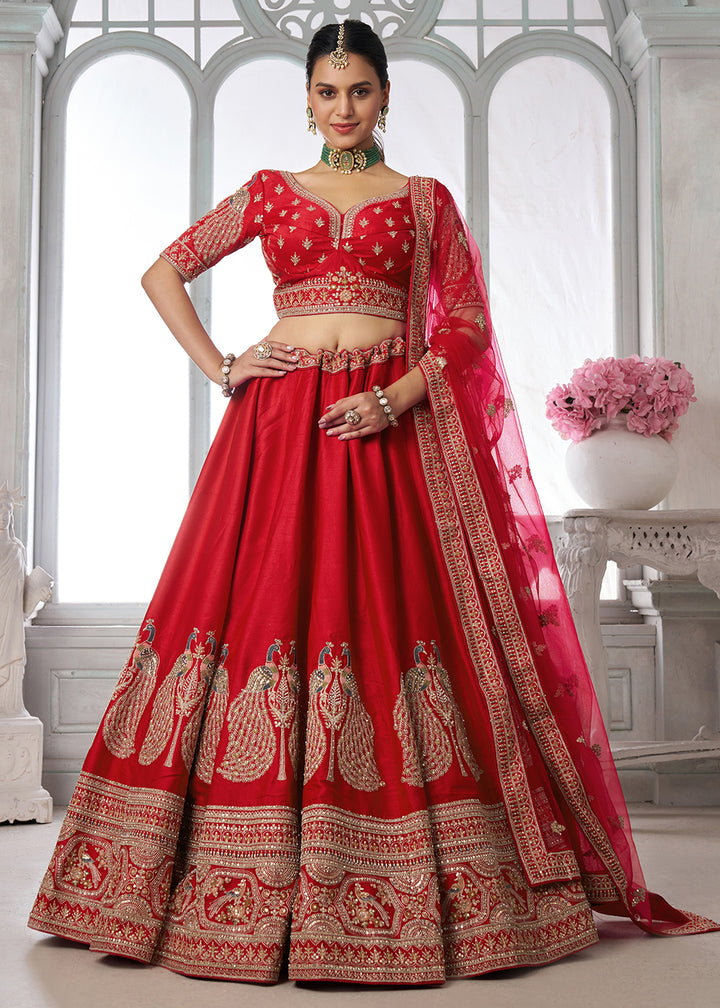 Buy Now Designer Red Silk Lehenga Choli with Embroidered Peacock Motifs Online in US, UK, Canada, France, Italy, Greece, Sweden, UAE &amp; Worldwide at Empress.
