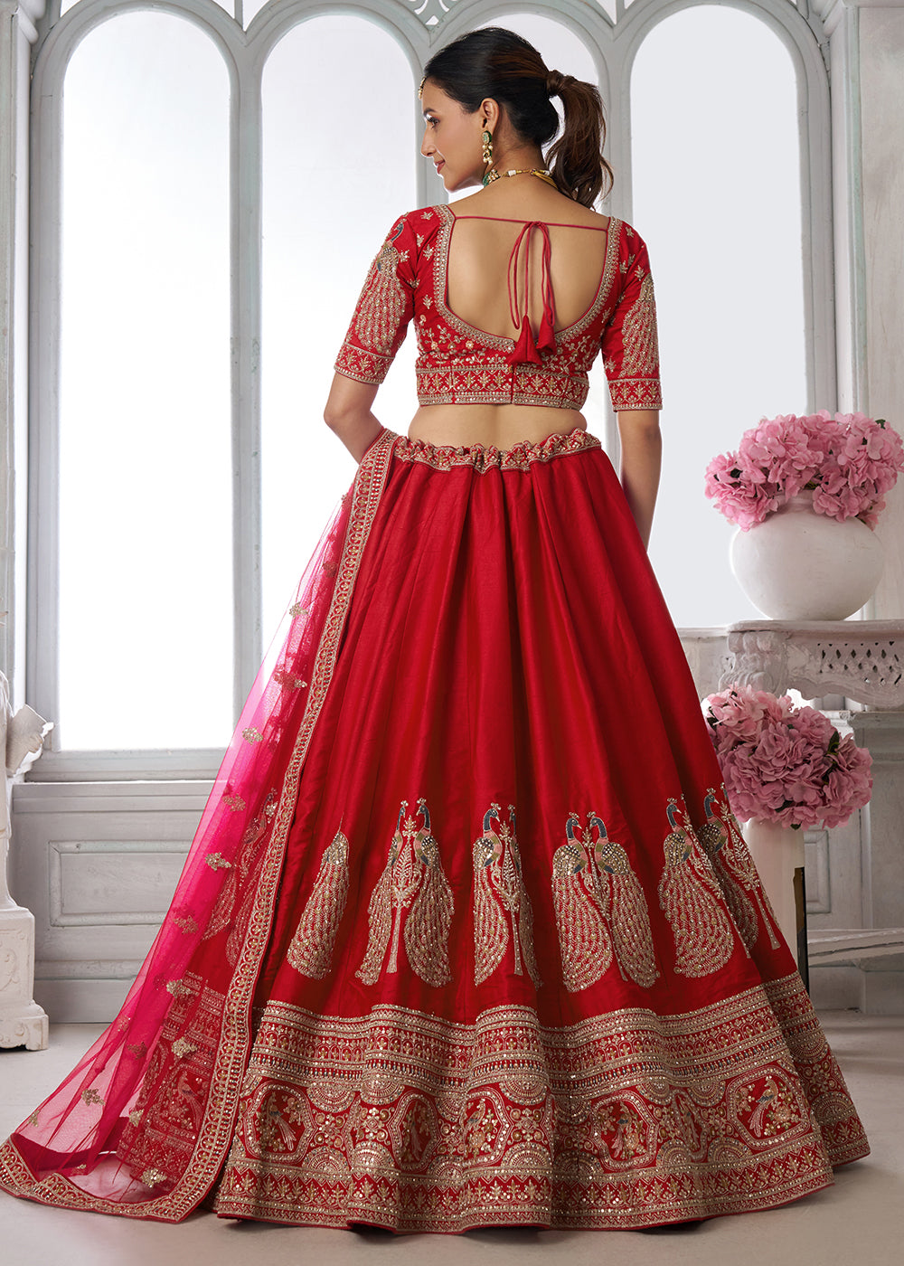Buy Now Designer Red Silk Lehenga Choli with Embroidered Peacock Motifs Online in US, UK, Canada, France, Italy, Greece, Sweden, UAE &amp; Worldwide at Empress.