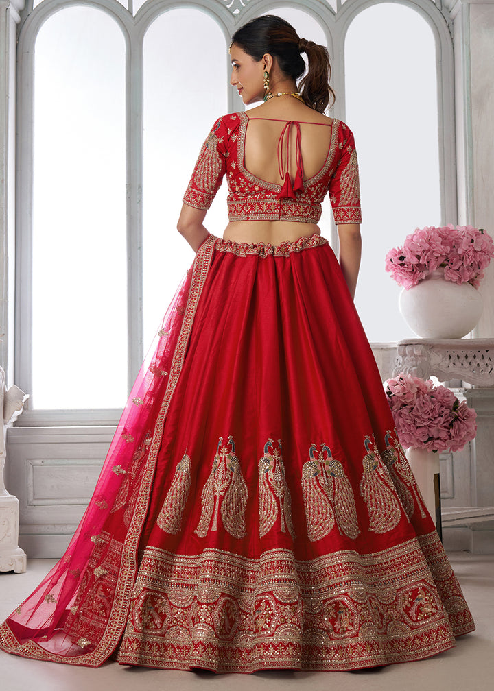 Buy Now Designer Red Silk Lehenga Choli with Embroidered Peacock Motifs Online in US, UK, Canada, France, Italy, Greece, Sweden, UAE &amp; Worldwide at Empress.